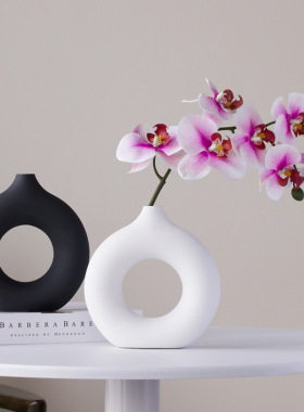 黑白甜甜圈素烧陶瓷花瓶ins风插花摆件感高颜值客厅家居装饰