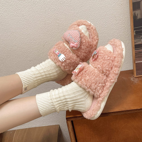 感可爱小狗潮流毛毛拖秋季新款外穿时尚百搭蝴蝶结舒适棉拖鞋