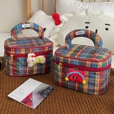 可爱格纹化妆包女大容量便携式外出旅游手提分区口红化妆品收纳袋