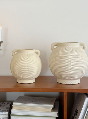 侘寂风花器双耳陶瓷花瓶插花摆件感小众轻奢客厅家居装饰花瓶