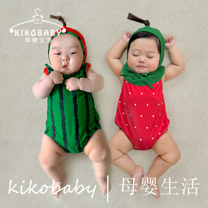 韩版夏季婴儿连体衣ins可爱水果造型夏季游泳衣韩版宝宝连体泳帽