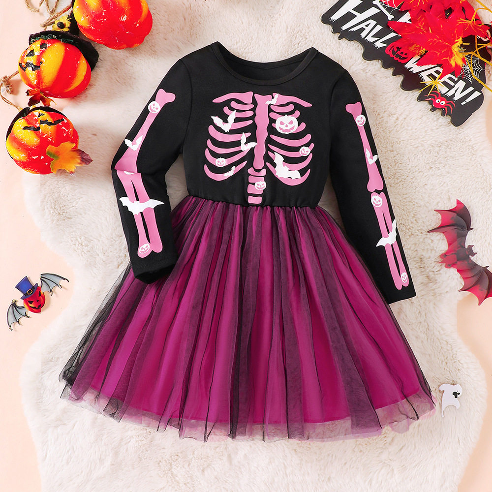 外贸女童万圣节紫色骷髅裙子化妆舞会女巫网纱裙连衣裙 Halloween