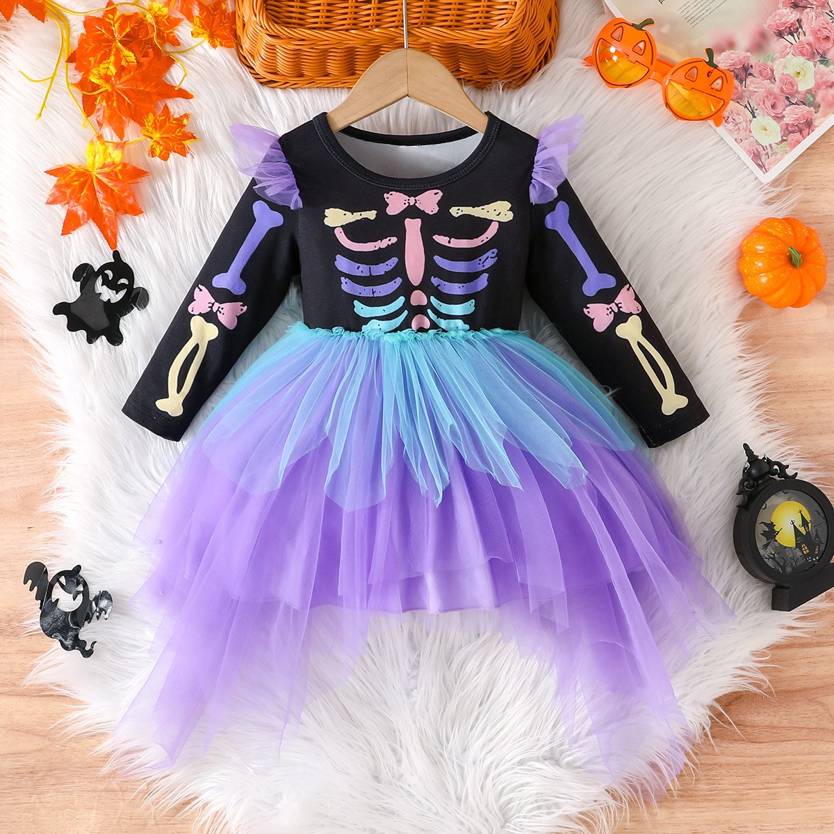 外贸女童万圣节骷髅印花裙子化妆舞会女巫网纱裙连衣裙Halloween
