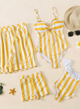 欧美亲子泳衣母女荷叶边条纹连体泳衣裤沙滩裤Matching Swimsuit