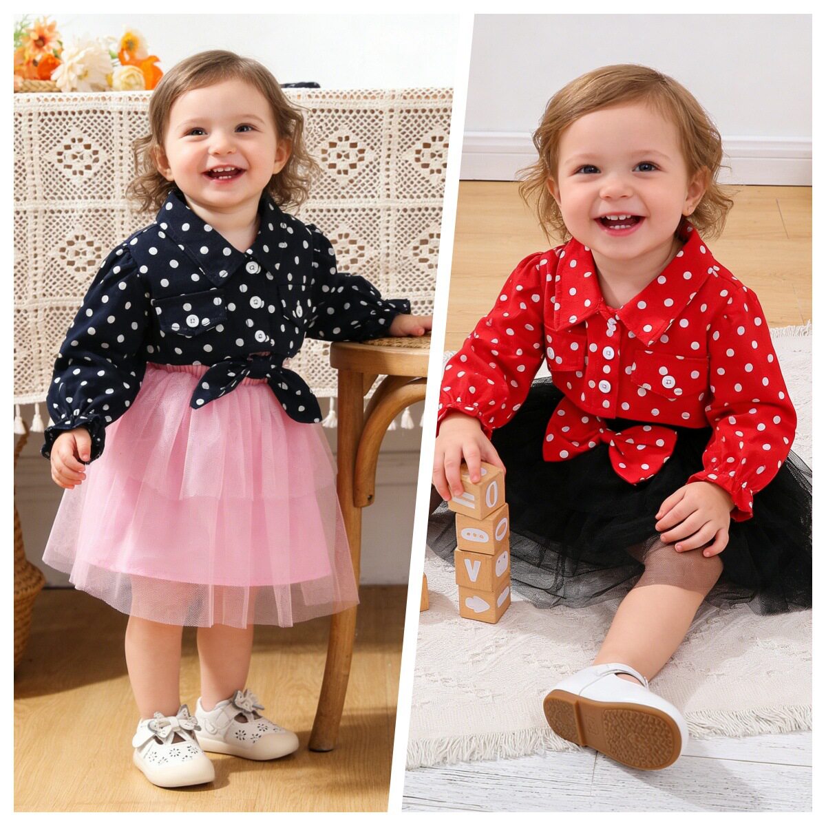 Kids Fashion欧美中小女童波点翻领单排扣长袖外套吊带蝴蝶结裙子