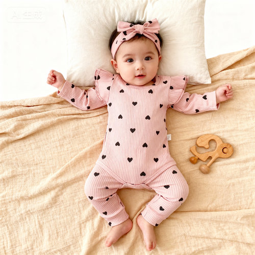 INS BABY GIRLS欧美女婴宝宝爱心长袖坑条飞袖哈衣裤子春秋套装