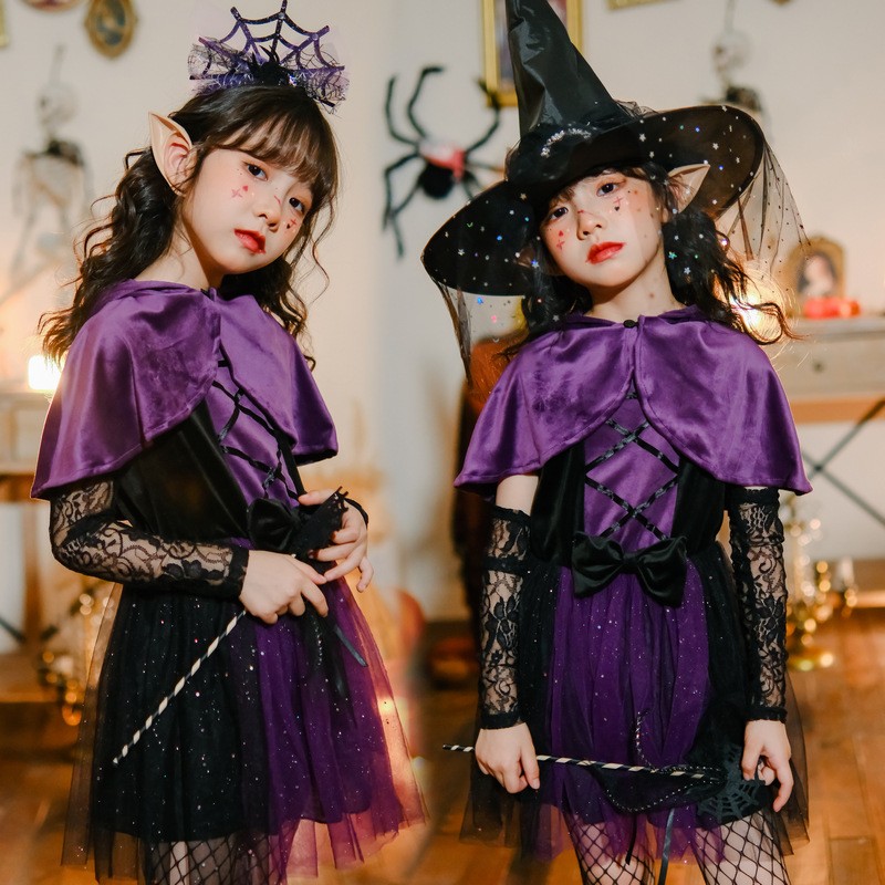 HALLOWEEN万圣节紫色女巫 巫婆连衣裙斗篷披肩吸血鬼女童演出服装