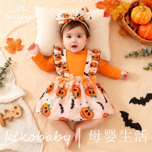 Halloween万圣节婴幼儿童欧美女婴童分体背带裙包屁哈衣裙套装ins