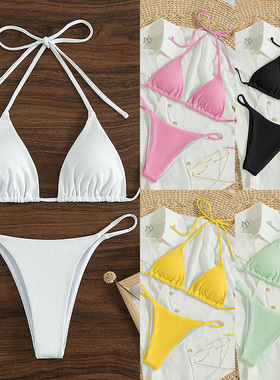 Swimsuit夏欧美外贸新品挂脖比基尼泳装性感系带bikini女分体泳衣