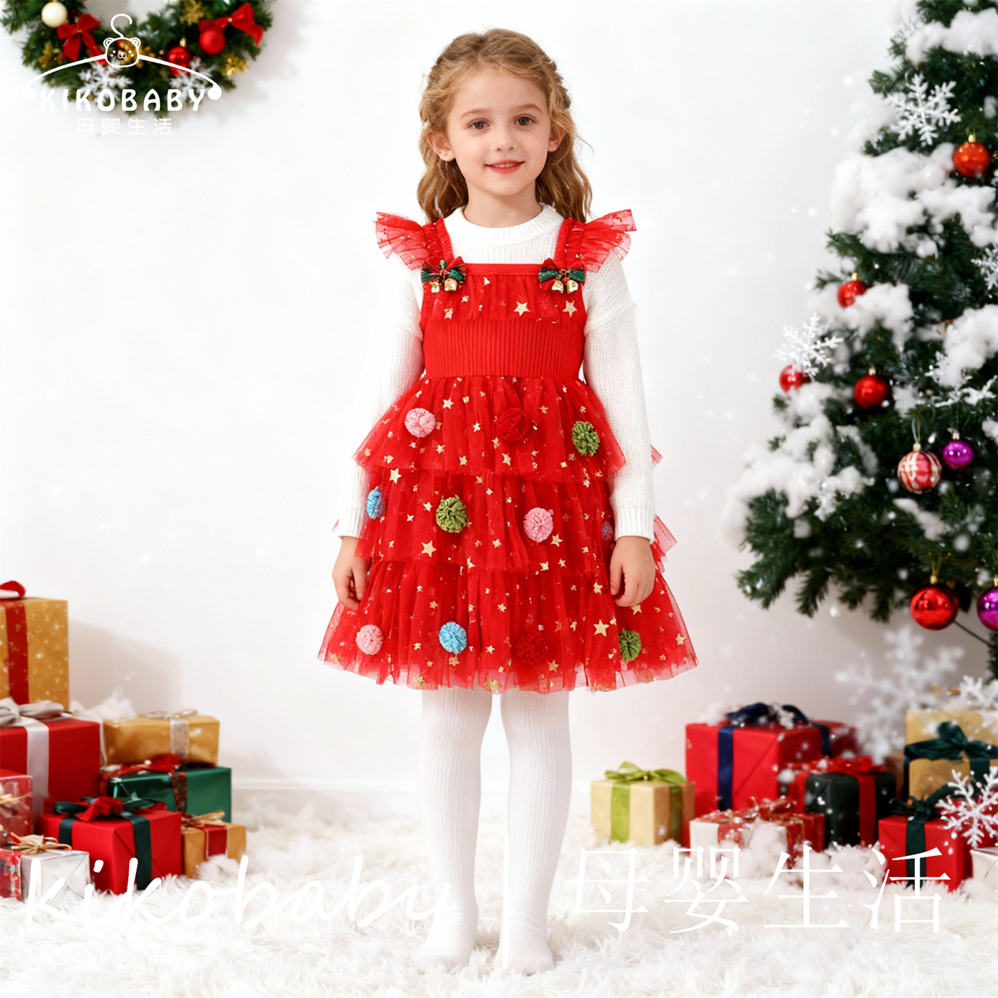 欧美女童圣诞礼服连衣裙网纱裙铃铛 甜美蓬蓬裙 Christmas Dress