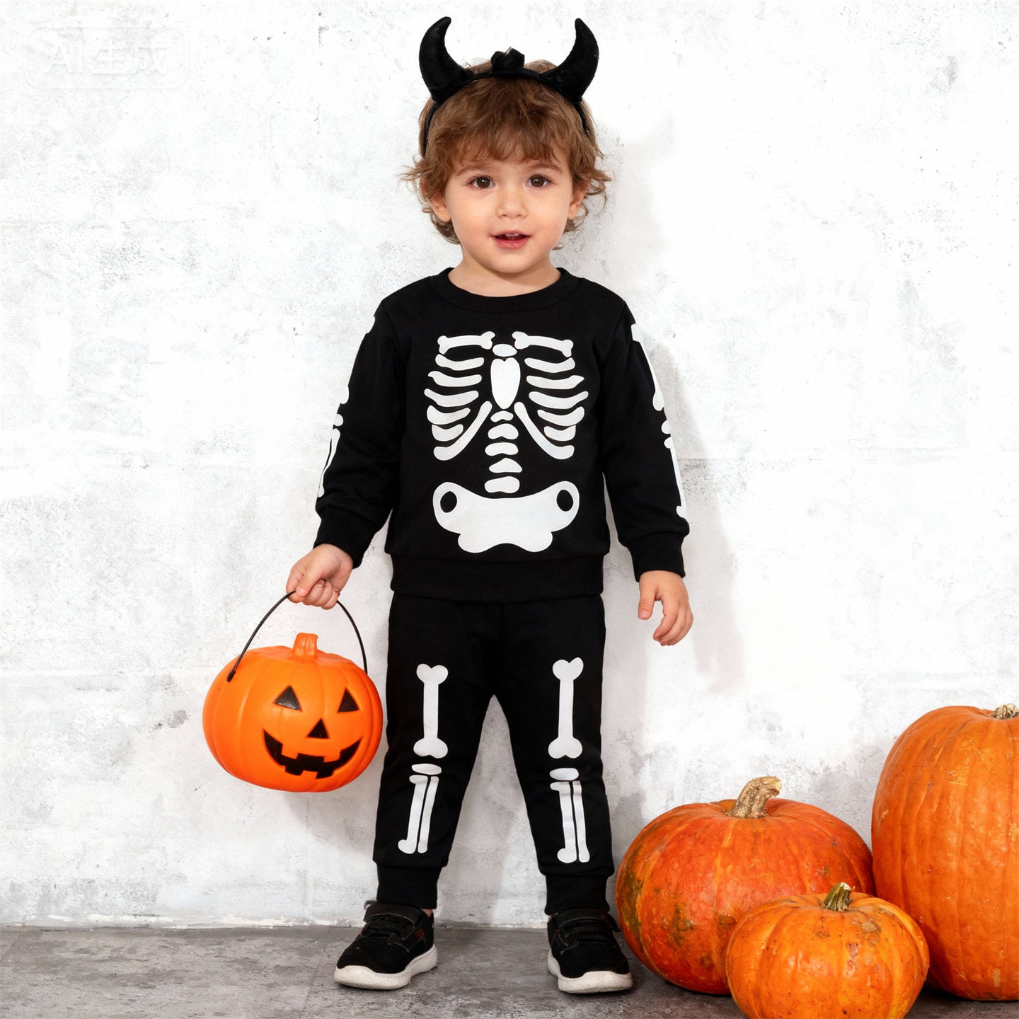 ins外贸童装万圣节男童黑色衛衣節日骷髅搞怪套头衫裤子Halloween