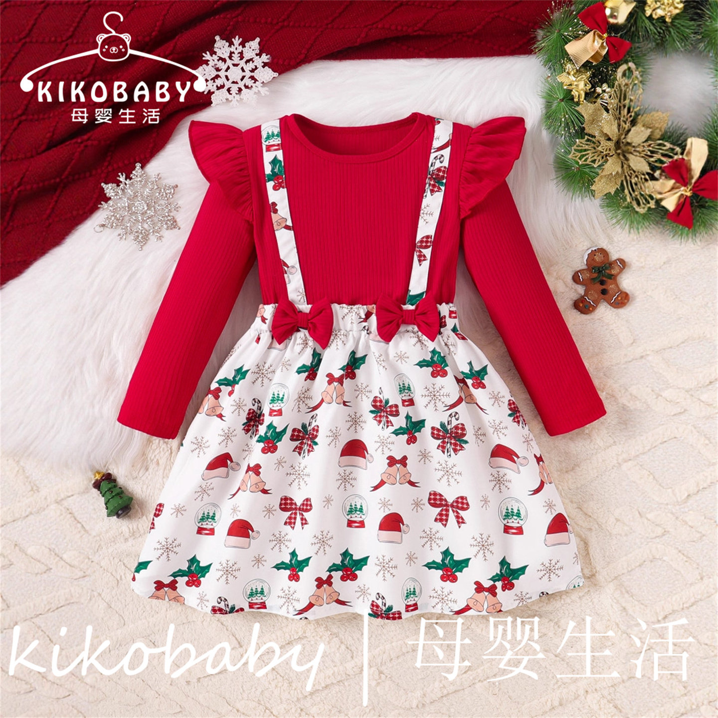 Christmas圣诞外贸童装女童裙双蝴蝶结圣诞节姜饼人假两件连衣裙