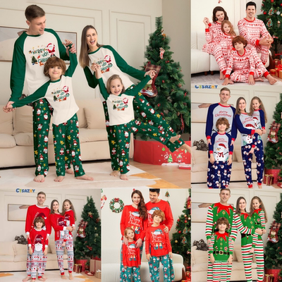 新款上市圣诞亲子装绿色圣诞老人圆领印花舒适亚马逊宝宝家居服
