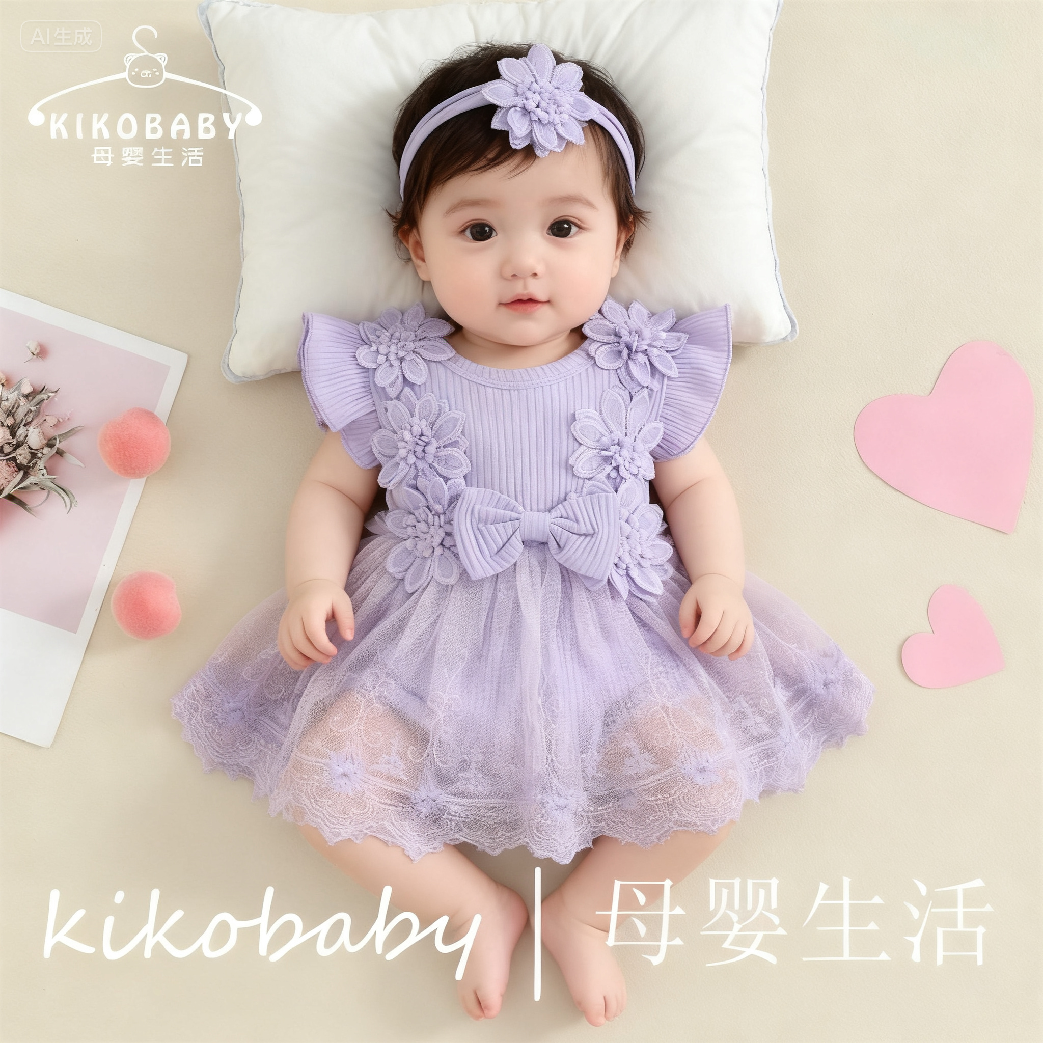 女宝宝飞袖坑条刺绣花朵网纱哈衣