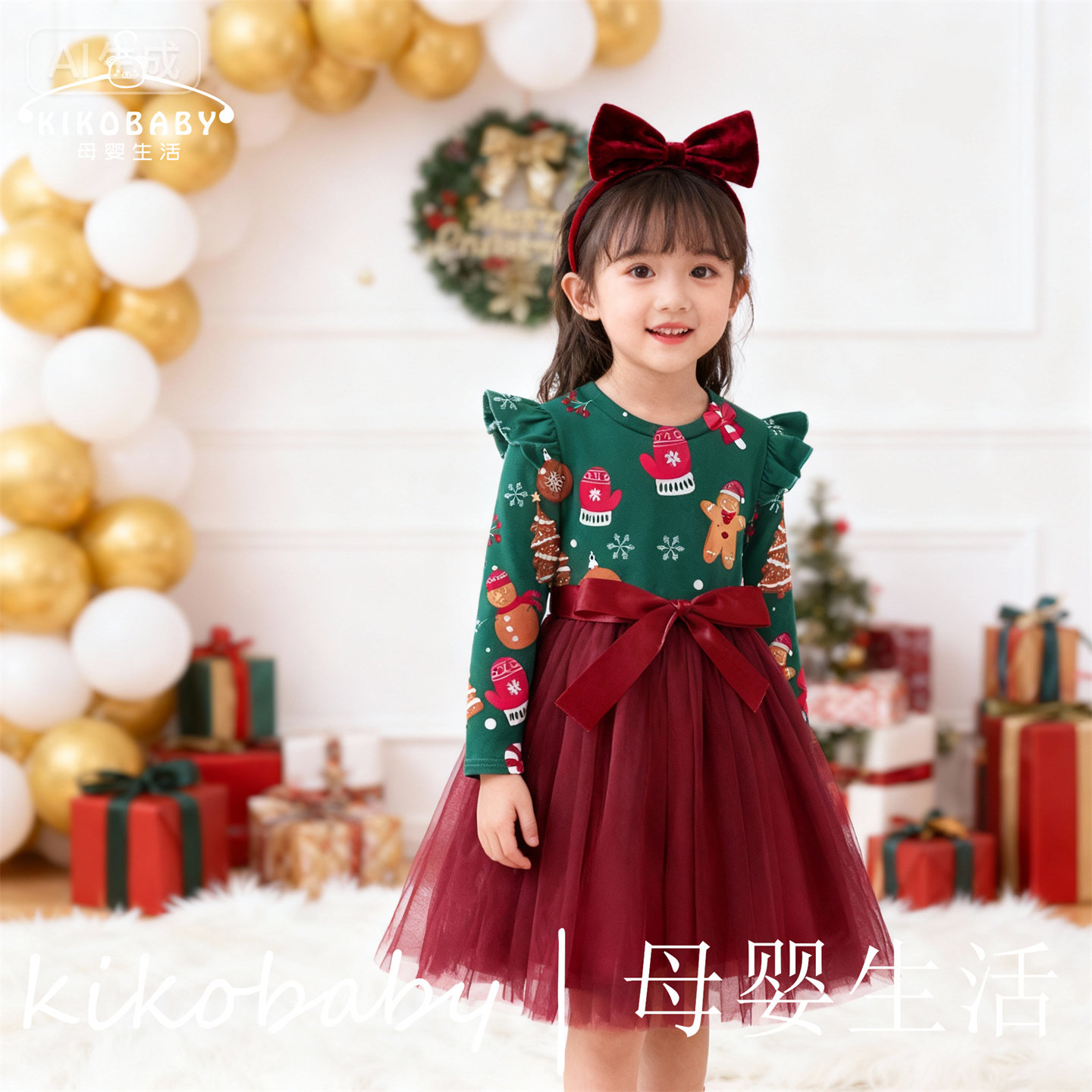 CHRISTMAS圣诞款外贸童装女童姜饼人圣诞节拼接网纱蓬蓬裙连衣裙