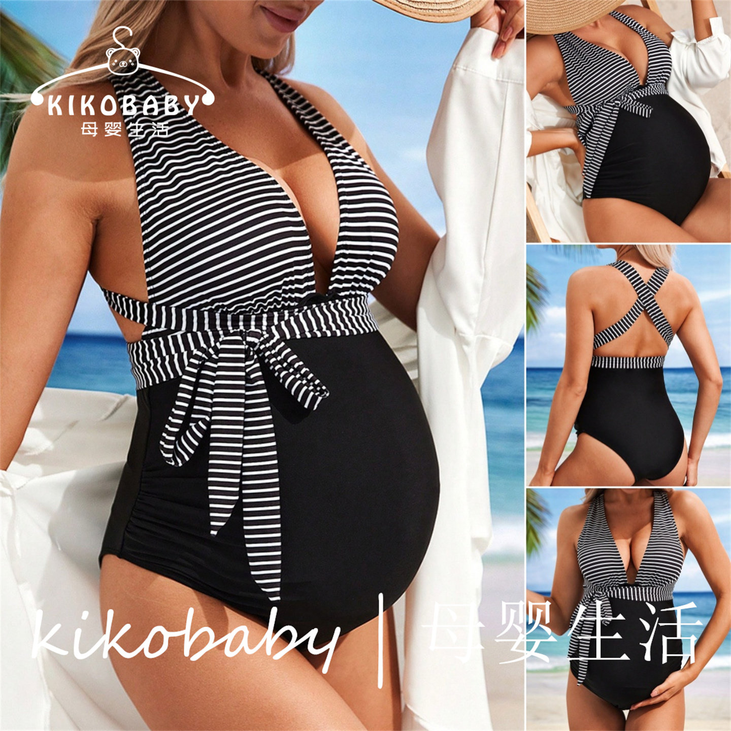 大码连体泳衣女胸部聚拢露背保守泳装跨境外贸系绳连体孕妇泳衣