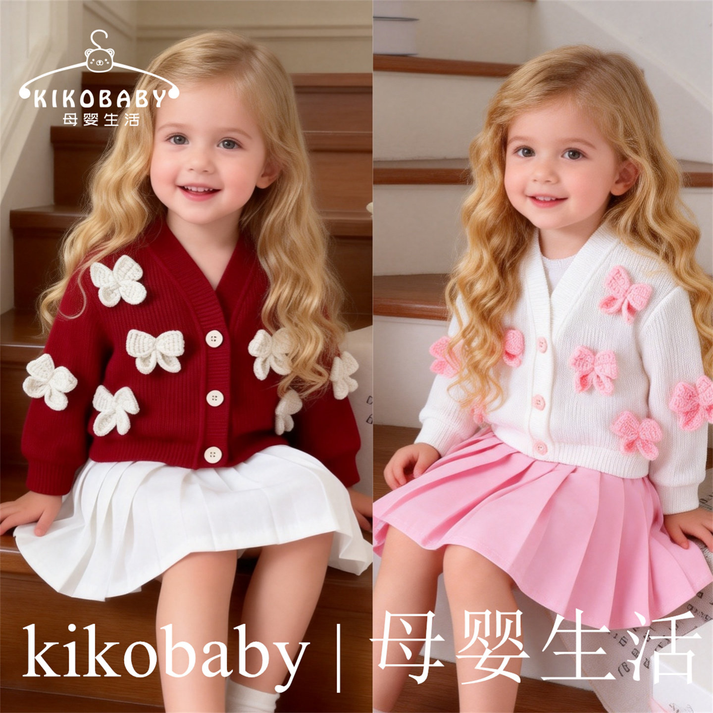 Kids Fashion欧美小香风婴童套装立体花朵针织开衫短裙两件套童装