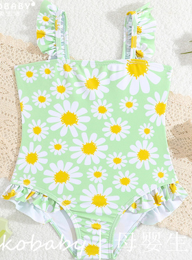 kids swimwea欧美新款女童儿童连体泳衣花朵印花甜美可爱小童泳装