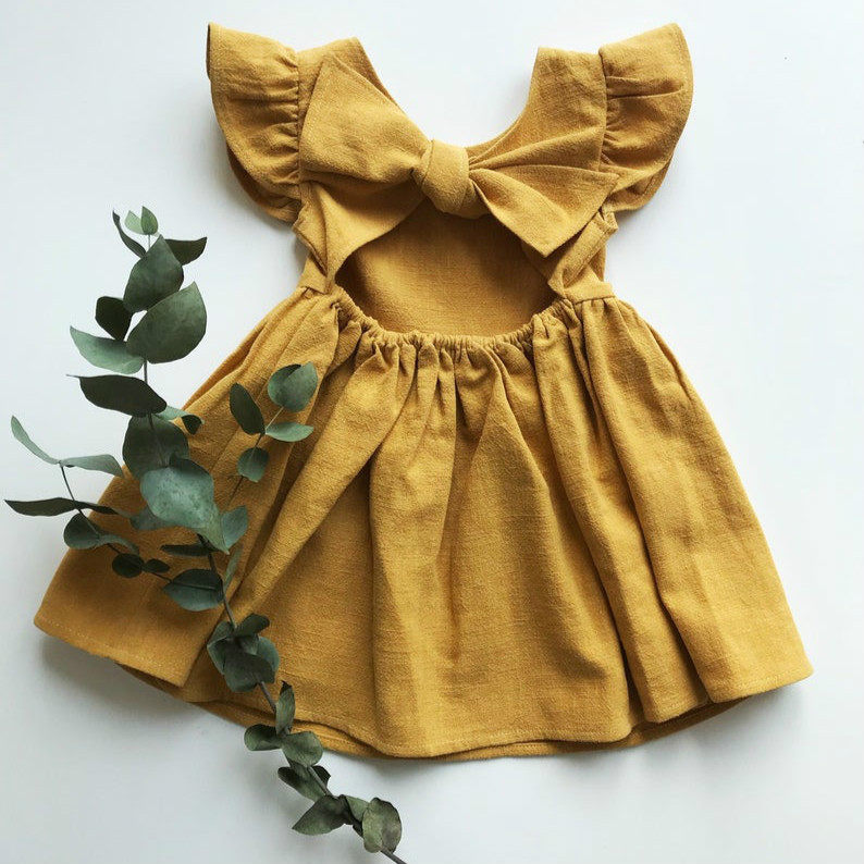 KIKOBABY女童小女孩连衣裙棉麻后背蝴蝶结公主裙周岁礼服童裝棉质