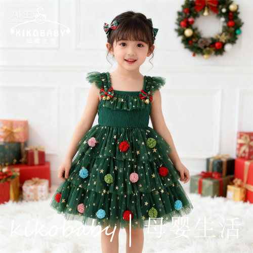 欧美女童圣诞礼服圣诞连衣裙网纱裙铃铛圣诞节裙Christmas Dress