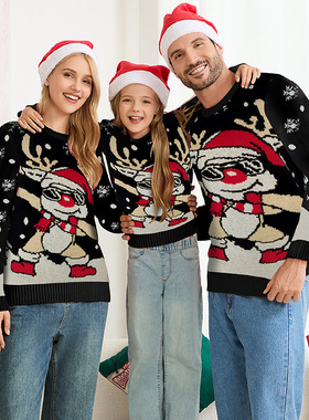 Christmas家庭亲子黑色毛衣圣诞雪人小鹿宽松休闲圣诞节外贸毛衣