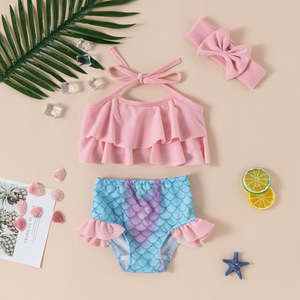 SWIMWEAR欧美外贸泳衣可爱美人鱼吊带挂脖泳装短裤三件套装分体