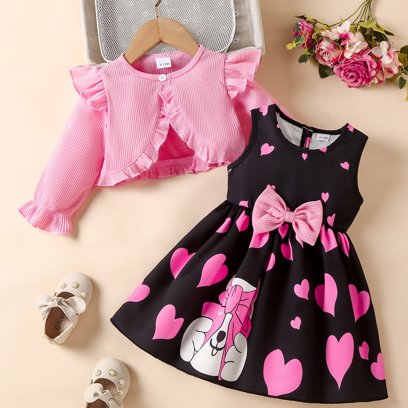 KIKOBABY春秋新款女童飞袖长袖小外套印花背心裙爱心连衣裙中小童