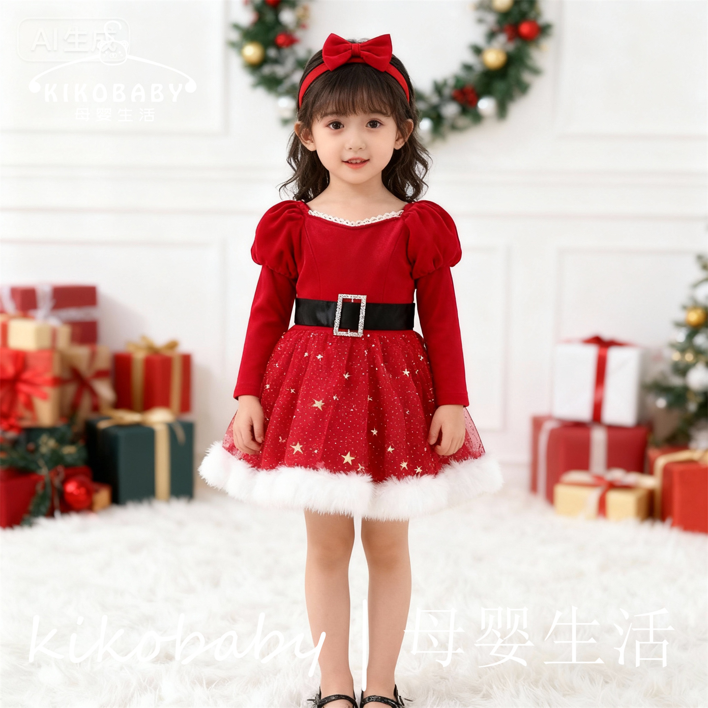 CHRISTMAS外贸圣诞节连衣裙女童羊腿袖童裙可爱金丝绒圣诞裙星星