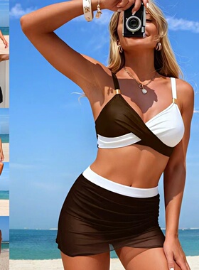 Swimsuit欧美分体泳衣女跨境外贸网纱裙运动bikini比基尼撞色泳装