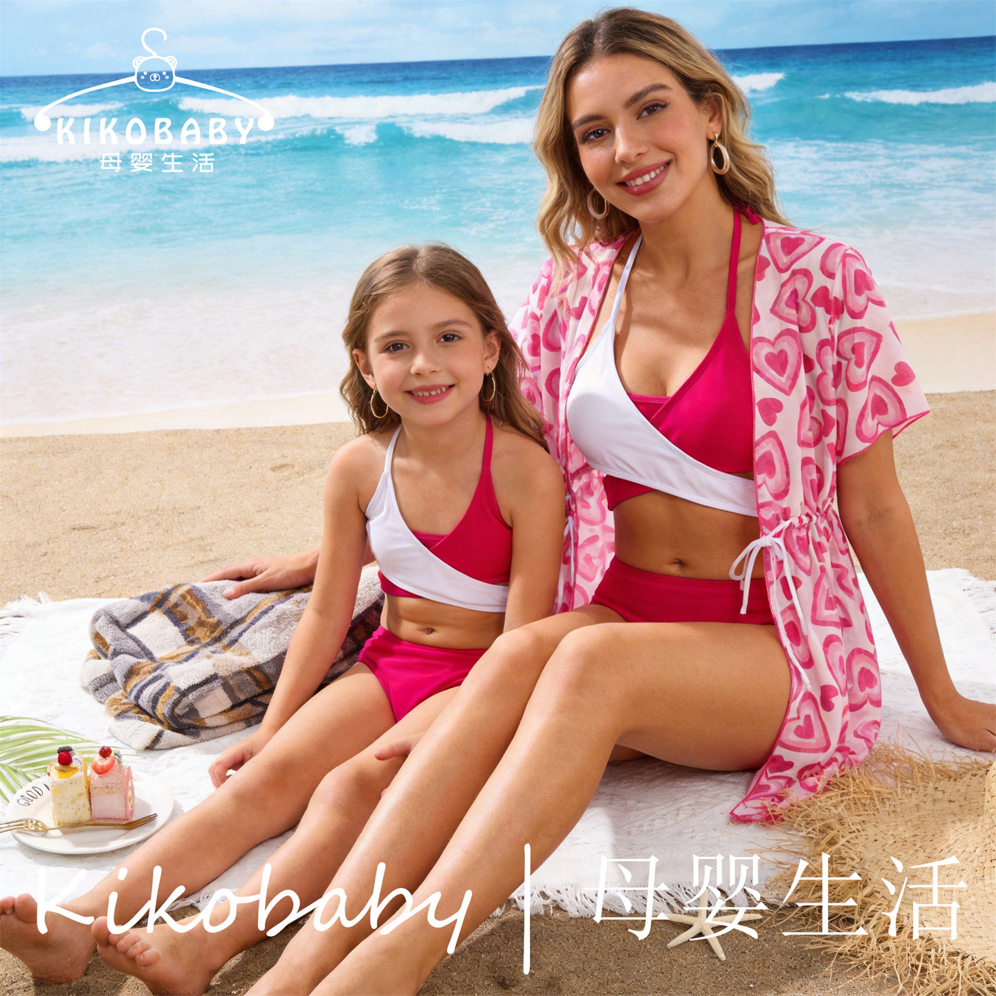 KIKOBABY跨境欧美亲子母女装泳衣三件套装罩衫爱心吊带比基尼童装