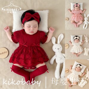 KIKOBABY婴幼儿女宝宝华夫格泡泡袖袖酒红网纱哈衣裙脚套外贸童装