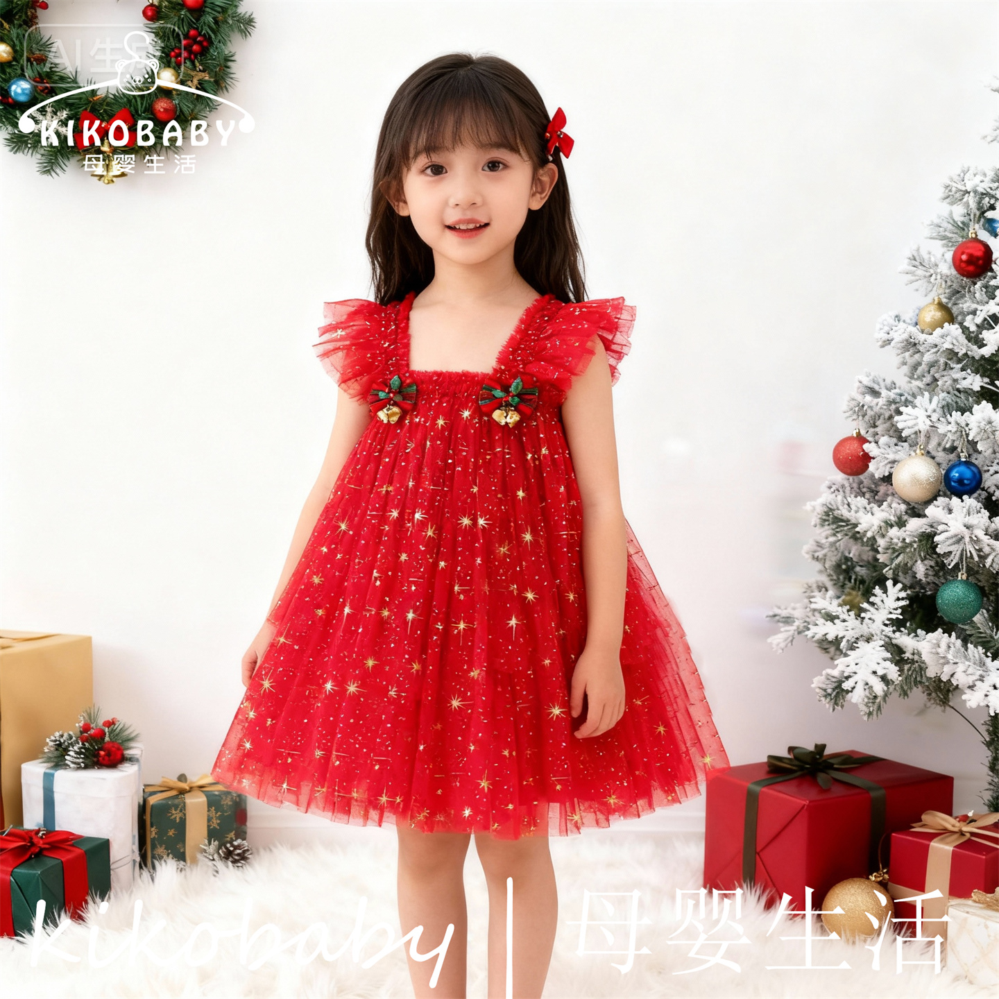 欧美女童圣诞节日喜庆雪花连衣裙网纱裙铃铛裙子Christmas Dress