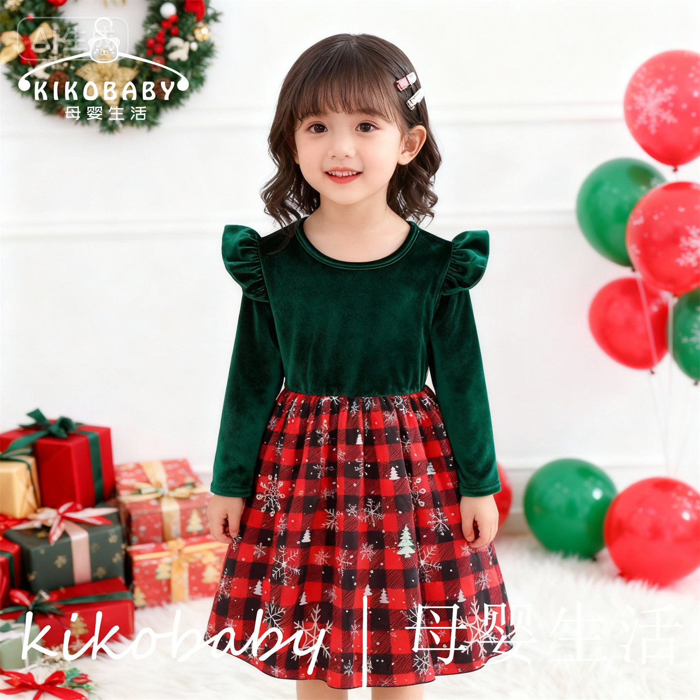 Christmas Girl圣诞节金丝绒女童绿色红色撞色格子雪花连衣裙圣诞