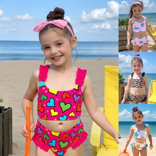 Kids Bikini儿童泳衣分体卡通可爱女童爱心度假吊带时尚宝宝泳衣