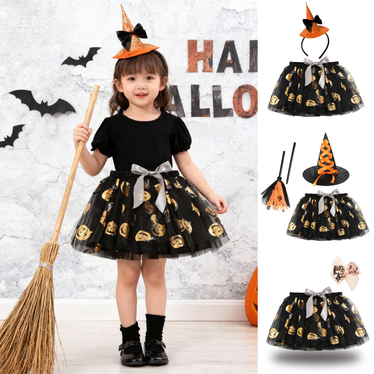 外贸童装万圣节南瓜印花TUTU裙发箍女童蓬蓬裙游园会HALLOWEEN