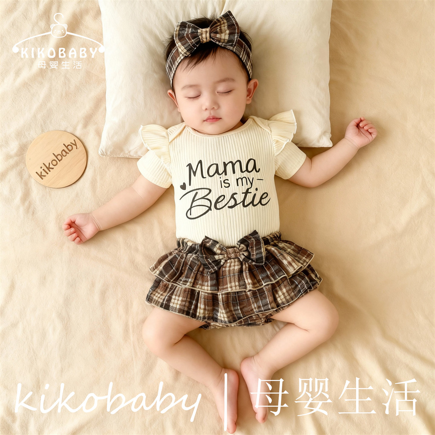 KIKOBABY妈妈是我闺蜜女婴童夏装坑条哈衣格子百褶裙裤洋气套装