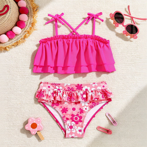 Kids Bikini儿童泳衣分体泳衣系带荷叶边印花泳装玫红色女孩泳衣