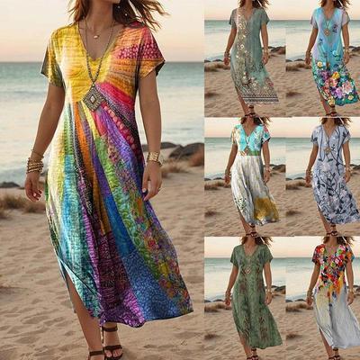 Floral women's collar short sleeved dress medium long