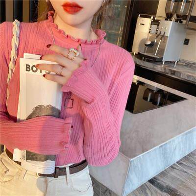 Women's popular long sleeved T-shirt with front shoulder col