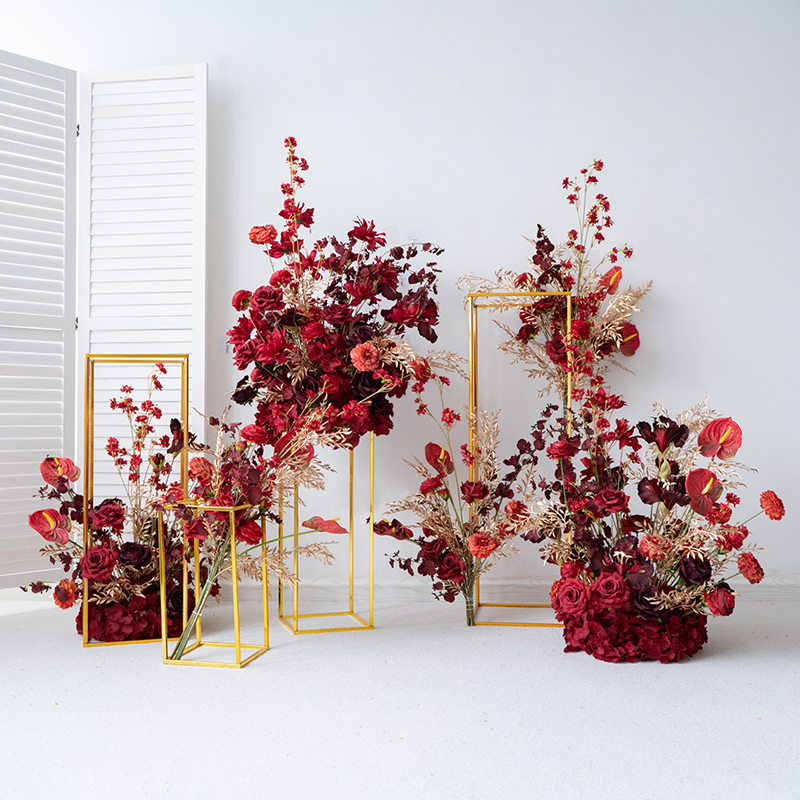 红金色婚礼装饰铁艺立柱花艺套装 生日酒店宴会喜庆布置仿真花球