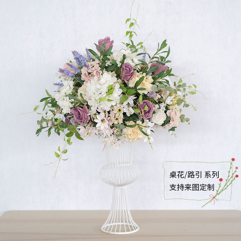 婚庆仿真花主桌花铁艺花器路引绢花道具婚礼布置装饰花球花艺摆件