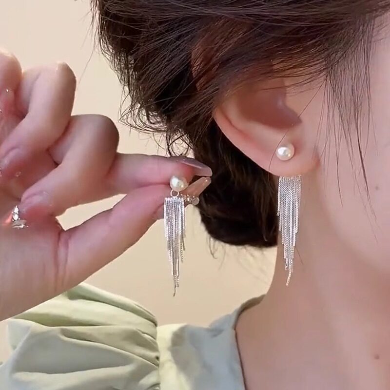 气质珍珠流苏前后带银针耳钉女新款长款耳环小众设计感耳坠耳饰