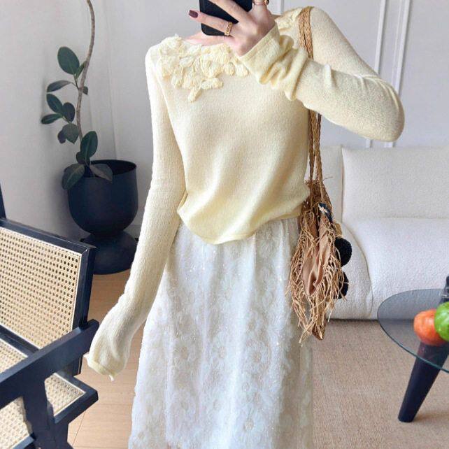 南油原创设计高端女装新款蕾丝花毛针织衫