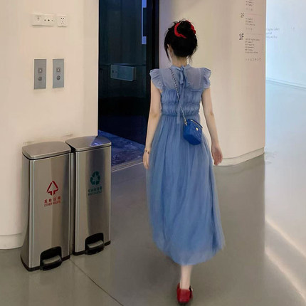 Ylaann 夏季连衣裙清爽拼接纱裙气质蓝色盖袖松紧腰荷叶边中长裙