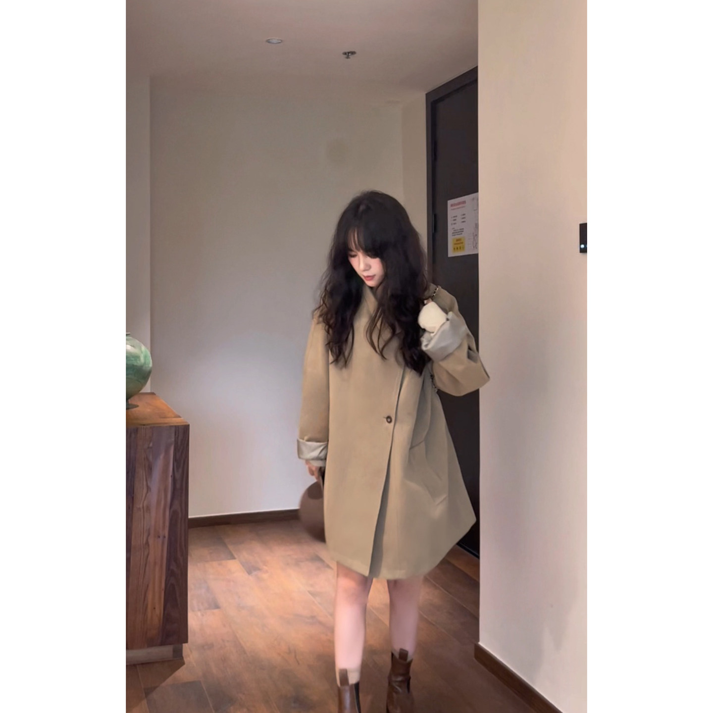 Ylaann“欧尼酱”少女感韩版廓形风衣中长款秋冬大衣高级立领外套