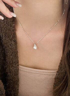 S925纯银戴妃珍珠项链女时尚简约轻奢小众圆形单颗锁骨链耳钉套装