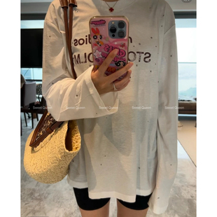 SQ重磅1996水洗做旧镶钻烫钻字母印花长袖T恤女宽松休闲上衣