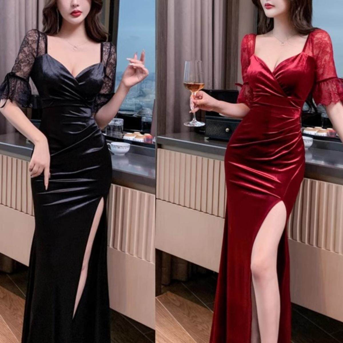 夜总会性感连衣裙气质丝绒晚礼服桑拿洗浴技师工作服KTV佳丽长裙