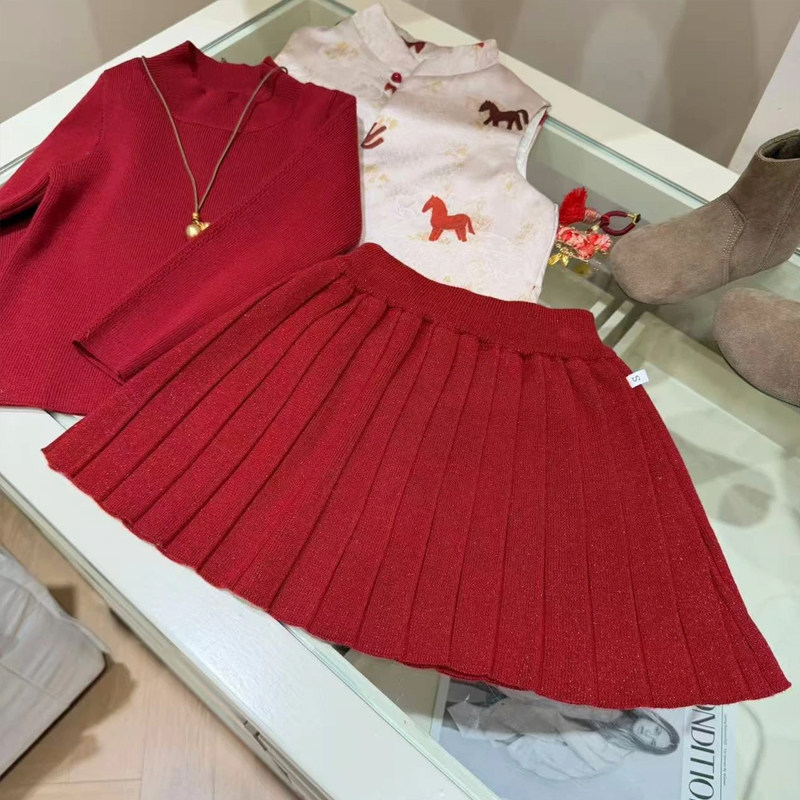 2026金丝羊毛混纺~新年高级感毛线百褶裙裙子秋冬洋气宝宝儿童