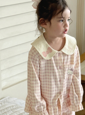 2026秋季卡通印花领口格纹棉毛女童亲子家居服套装翻领可爱-26902